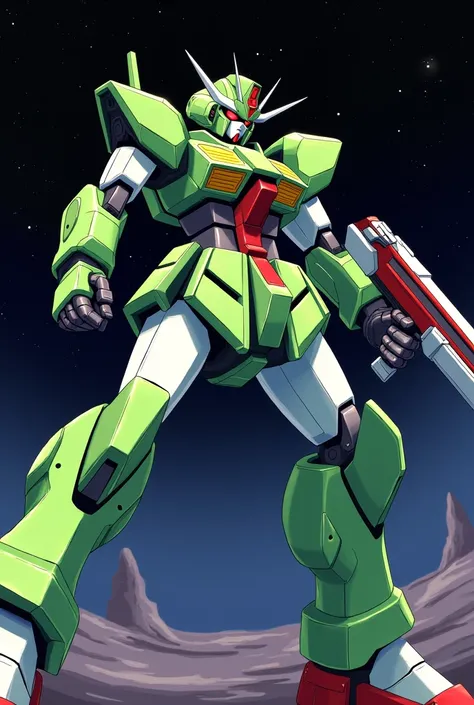 robot, green, white,red, pistol, Alas, space, anime