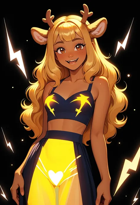 Noelle Deltarune, antlers, golden hair, cute, teenager, adorable, slim, love hearts, glowing lightning underwear, glowing lightning bra, see through skirt, happy, looking at you, black background, lightning, stars, galaxies.