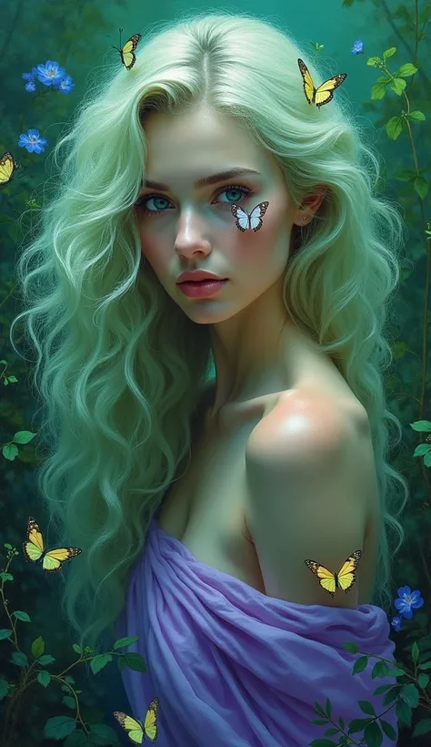 Thick coating，Oil painting texture，Real People，She has long curly light green hair, Messy hair，There is a butterfly on the eye. She was wearing a purple robe，vegetation，Lush，, Fluorescent green color scheme, Soft shadows, close up, Minimalism, Soft colors,...