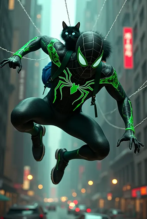 Spiderman in a black suit with the cobwebs of the phosphorescent green suit and his white eyes swinging through the city with a furry black cat with phosphorescent shiny blue eyes in a blue backpack and dark green and white Nikes (the very bright green thr...