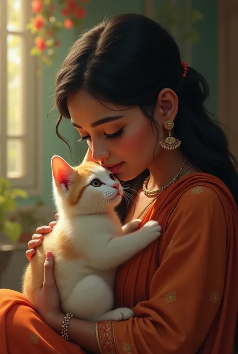 One Beautiful Indian women love cat