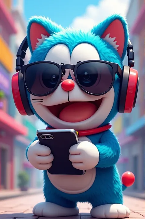 A doraemon cure character who is wearing sunglasses and headphones and iphone