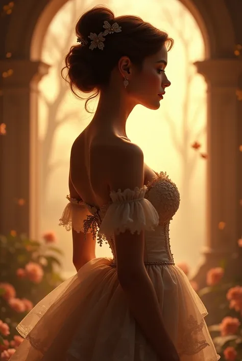 Beautiful woman from the Victorian era, silhouette with curves, Warm fantasy atmosphere 
