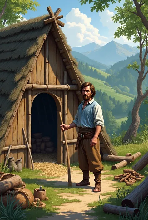 A bearded man with brown hair in a light blue shirt and brown trousers, medieval, building his hut