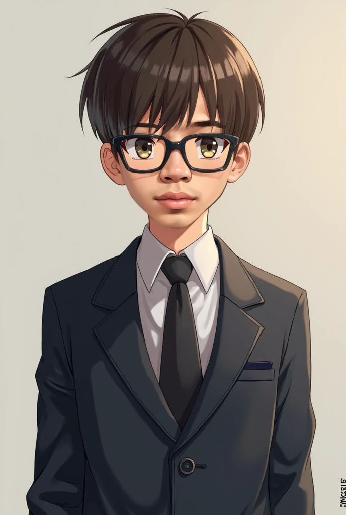 wear uniform, Straight hair, no bangs, boy, elegant, Wearing glasses 