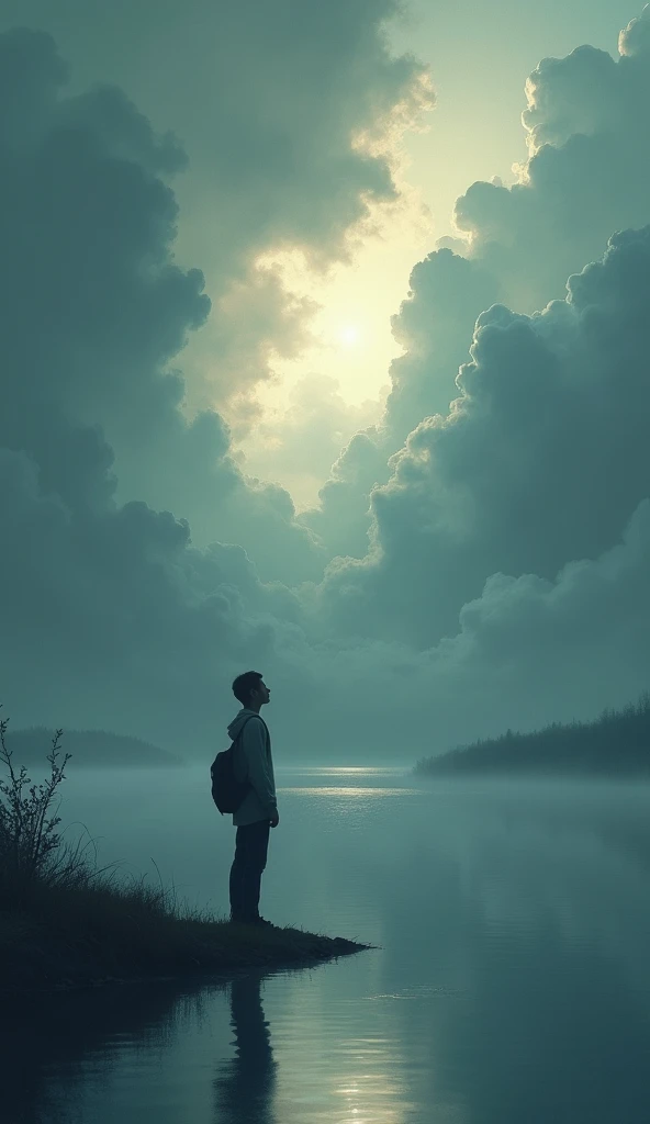 A person stares at his reflection in a calm lake, stare deeply. Above the sky, soft rays of light break through the dark clouds, symbolizes hope and inner strength found through patience