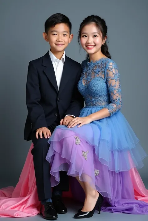 Creat a Full body photo of mother and son a bright Thai girl smiling with a sweet smile, hairstyle BUNplait, wearing a blue crocheted dress, pink gradation, purple fabric, a layered skirt with diamond-studded petals, wearing black high heels, and also boy ...