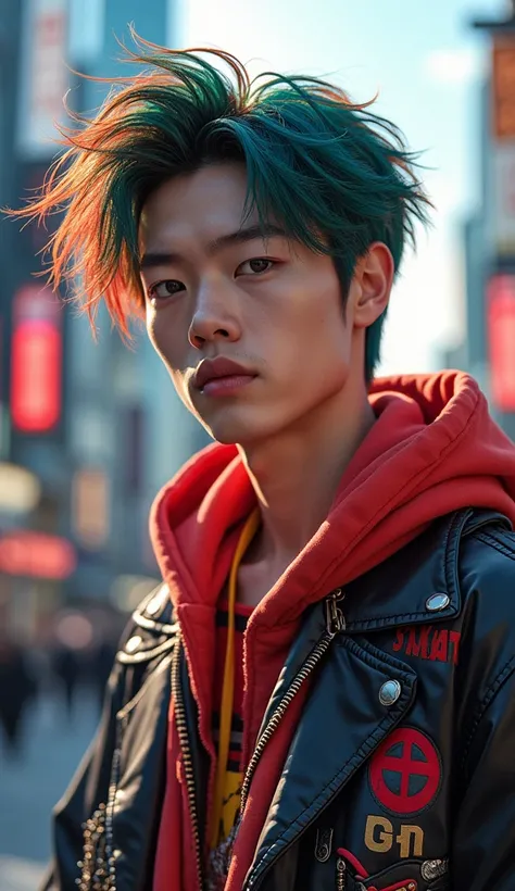 20 year old Japanese male idol、Tokyo、Modern and stylish clothing with a touch of traditional Japanese clothing、Colorful hairstyle、Owns the latest technological gadgets、Owns traditional Japanese accessories、Serious and concentrated expression