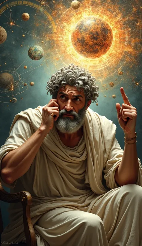 **Ancient Greek Philosopher in His Prime Age Seeing Complicated Visions**

**Details:**

- **Character Appearance:**
  - The philosopher has a focused yet perplexed expression, with furrowed brows and wide eyes that suggest deep contemplation. His hair and...