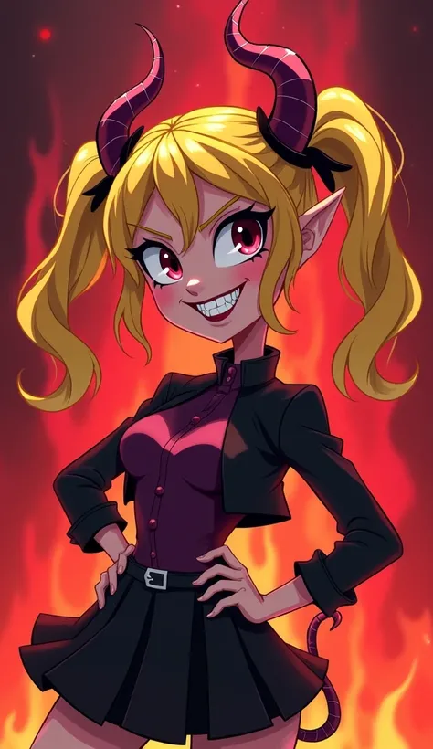 Hazbin Hotel style cartoon demon girl, , blonde, short twintails, cute, Hazbin Hotel, Charlie, ENTP, foreign animation,  glaring eyes, sassy, hell, Disney, jagged teeth, goth