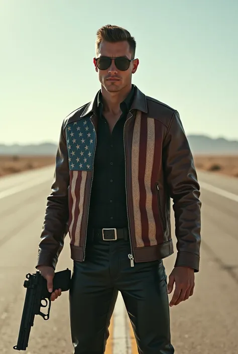 Fearless and Heroic Young adult strong and tall Chris Evans wearing a americcan flag styled leather jacket and black leather pants and black sunglasses holding a desert eagle at a empty runway 