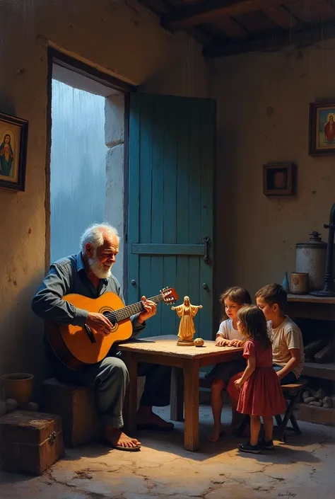 Give me a realistic picture of the interior of a house, An old man sings with a guitar with 3 children gathered at the table, In the middle of the table there is a small sculpture of the Virgin Mary with her arms open.. Through the window you can see rain....