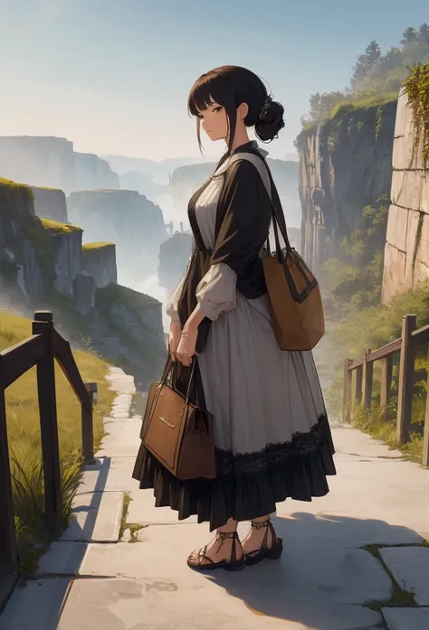 a woman carrying a bag, long shot, 3/4 perspective, extremely detailed, masterpiece, high quality, 8k, hyper detailed, intricate details, beautiful landscape, serene atmosphere