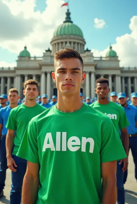 Adult Boys in green colour tshirt with  allen font with big buliding with blue dress guards
