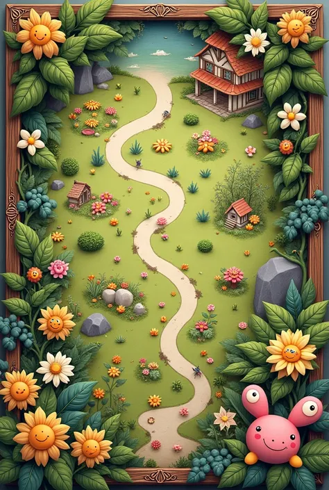 Gardening themed game board with a map in the middle and a frame around it 