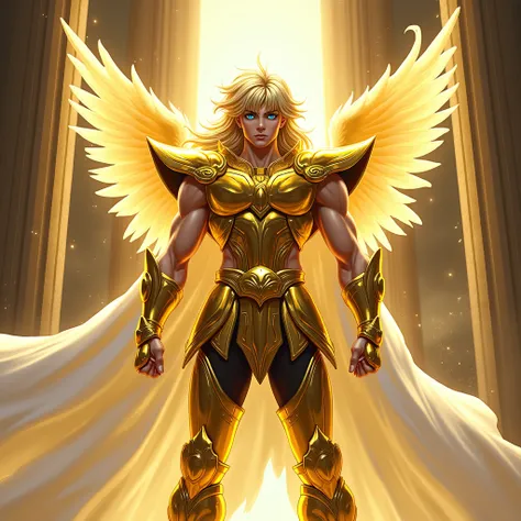 Saint Seiya，cartoon，armor, blue eyes, gold armor, blonde hair, male focus, Pillar, long hair, cape, column, shoulder armor, 1boy, weapon, looking at viewer, Wings, standing, breastplate, pauldrons, multiple boys, statue, glowing, watermark, serious, feathe...