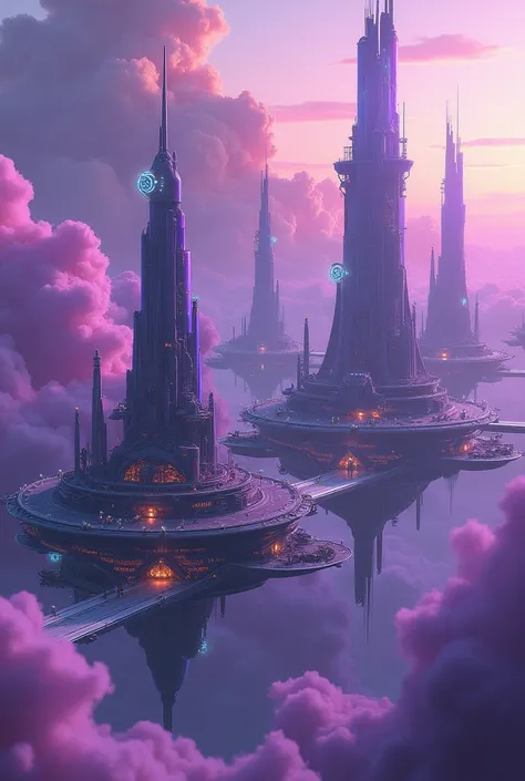 City on a purple gas planet, full of floating platforms and floating buildings, purple people 