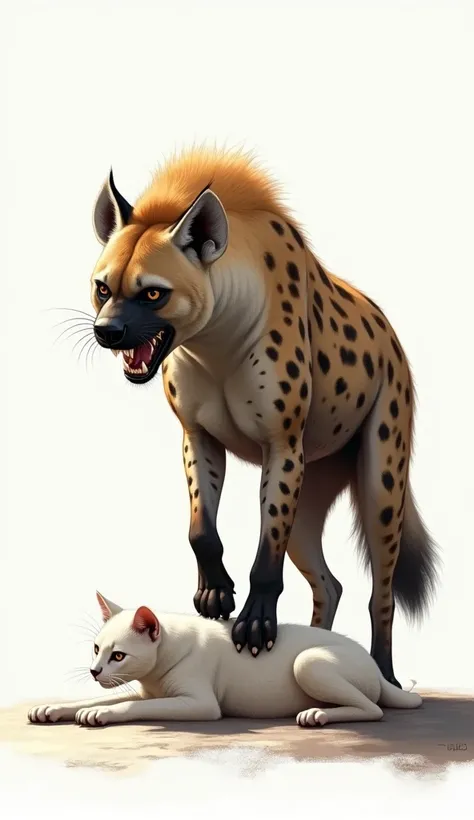 Hyena standing on a white cat that it fought