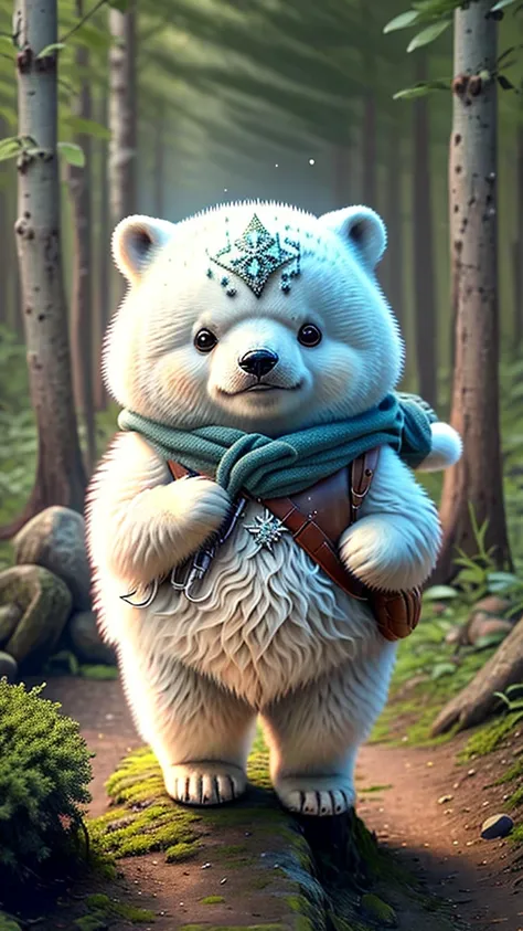 best image quality、"Create your own masterpieces with cute creatures. one、polar bear、（The place is a forest）, high detail, in 8K、best image quality、dressed as an adventurer、With shuriken in hand、medieval adventurer costume、(((cute)))、