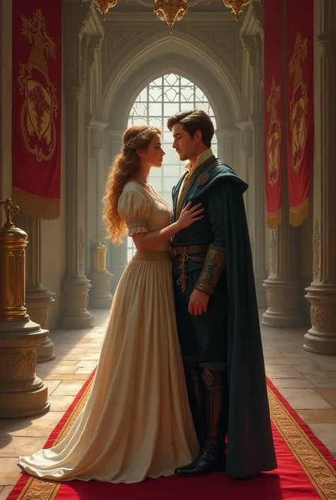 A woman with blonde curly hair and a man with brown hair in a medieval castle. The woman is wearing a dress. 