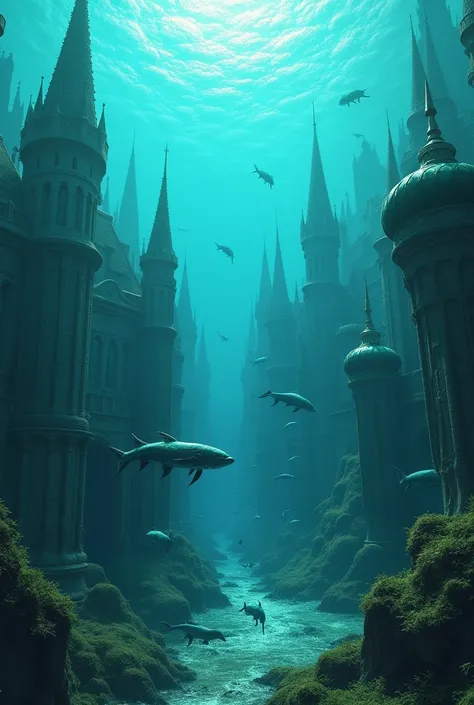 City submerged in water full of castles with fish-people 
