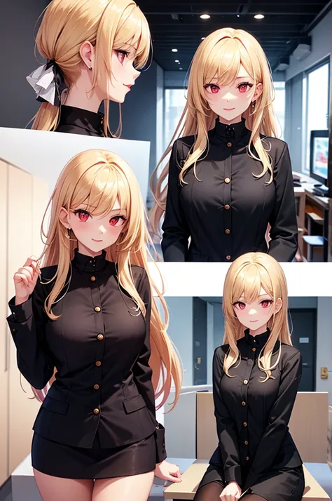 A beautiful girl sitting in her office, an evil look, a black suit, short skirt, long-sleeved jacket, white shirt, black heels, big rounds breasts, blonde hair, long bangs, red bangs, hair behind ear, long hair, straight hair, expressive hair, shiny hair, ...