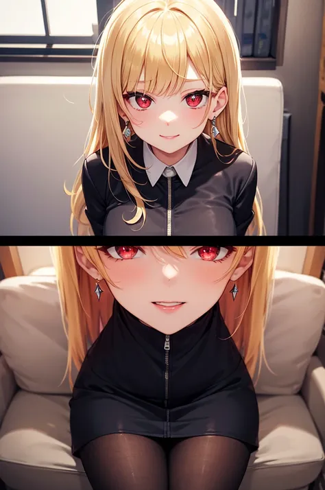 A beautiful girl sitting in her office, an evil look, a black suit, short skirt, long-sleeved jacket, white shirt, black heels, big rounds breasts, blonde hair, long bangs, red bangs, hair behind ear, long hair, straight hair, expressive hair, shiny hair, ...