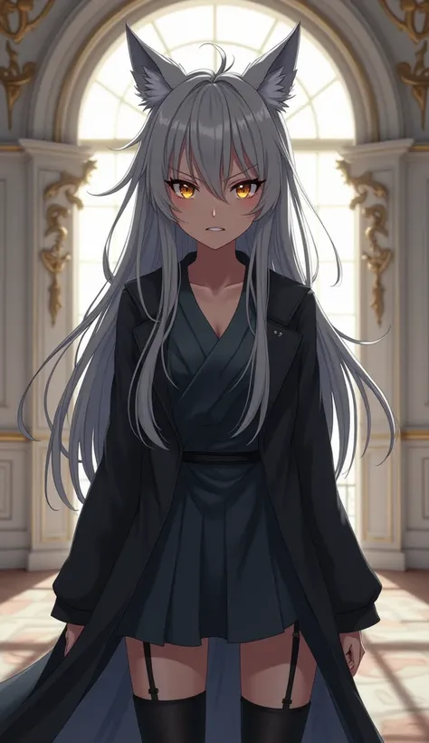 Anime teenage girl, wolf ears, grey hair, black, amber eyes, angry expression, inside a mansion with white walls and wooden floors.