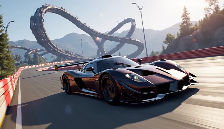 thumbnail for grand theft auto five using A car is on a racing track and in front of it a complete parkour is visible which is made up of different ramps.