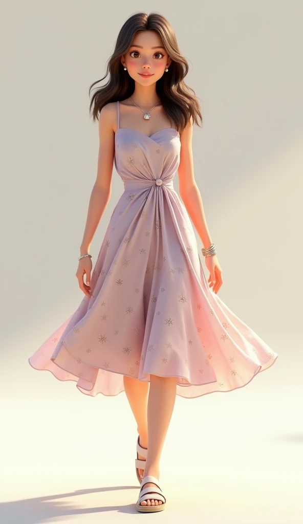 3d Animated style The girl is wearing a flowing summer dress, knee-length, in light pastel colors, perhaps light lavender or pale pink, with delicate floral patterns. The dress moves gently as she walks, creating a light breeze. She is wearing comfortable,...