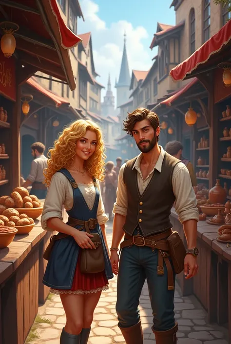 A woman with blonde curly hair and a man with brown hair on the streets in the medieval era working in stalls