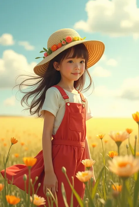 In the heart of a sunny spring field, young girl in red overalls with fluttering sun hat, decorated with delicate flowers, Standing alone. The sun casts intense light and shadow on her, emphasizing the dynamic pose, which she accepted. Her faint smile reve...