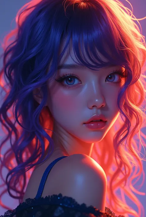 girl anime hair curled flouresente shiny, color purple neon orange neonBreasts, Award Winning, Super Detailed, UHD, Cinematic Lighting, 