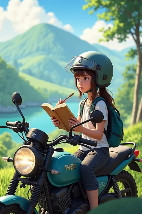 motorcycle, on which a girl sits with a sketchbook, against the backdrop of a picturesque landscape. She is wearing protective gear., and brushes in your hand or in your bag, ready for creative inspiration