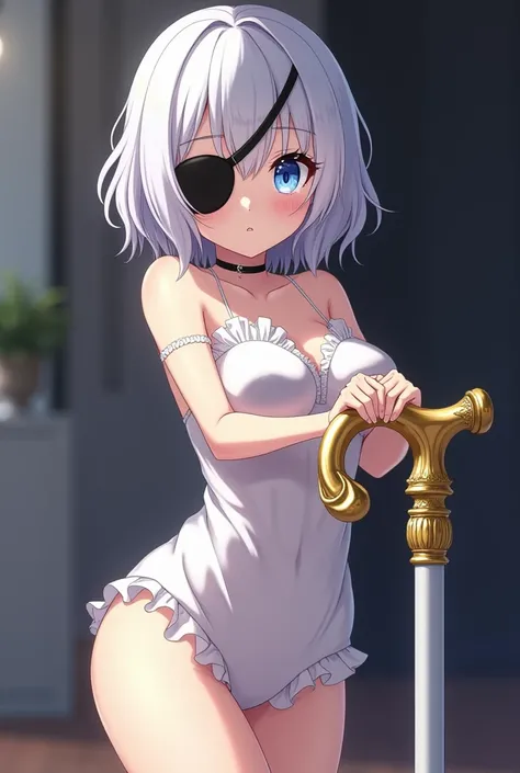 Anime, young adult, Female, petite, 48 height, soft smooth skin, small breasts, cushy thighs and butt, sharp light blue eyes, short white hair, black eyepatch, white cane with gold ornaments