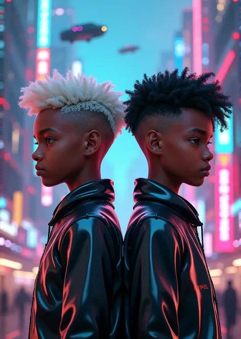 Two nigerian black boys standing side by side in a highly futuristic city where cars fly in the background. One of the boy has platinum blonde hair with very dark roots with eyes that light up like storm, styled in a sleek way, while the other has a simple...