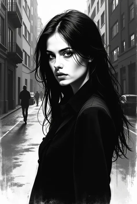 a photo of a woman in black and white drawing style on a dark street