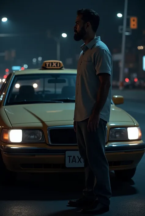 Make me a picture of a man with a taxi in the back next to which the man is looking straight ahead at night 