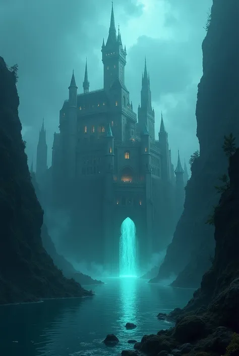 City submerged in water with huge castles, the light comes from below on the ground