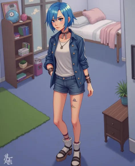 arafed woman in a blue shirt and shorts standing in a room, chloe price from life is strange, chloe price, wearing a punk outfit, second life avatar, casual pose, photorealistic full body, highly detailed full body, short blue haired woman, blue outfit, de...