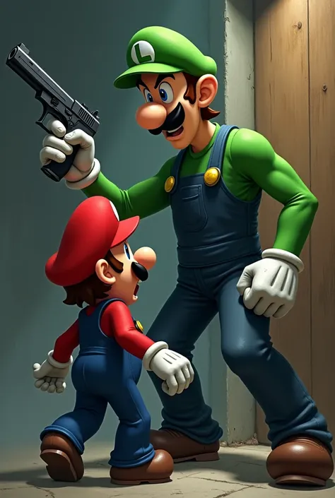 luigi beating up a bully after he made fun of mario also luigi has a gun 