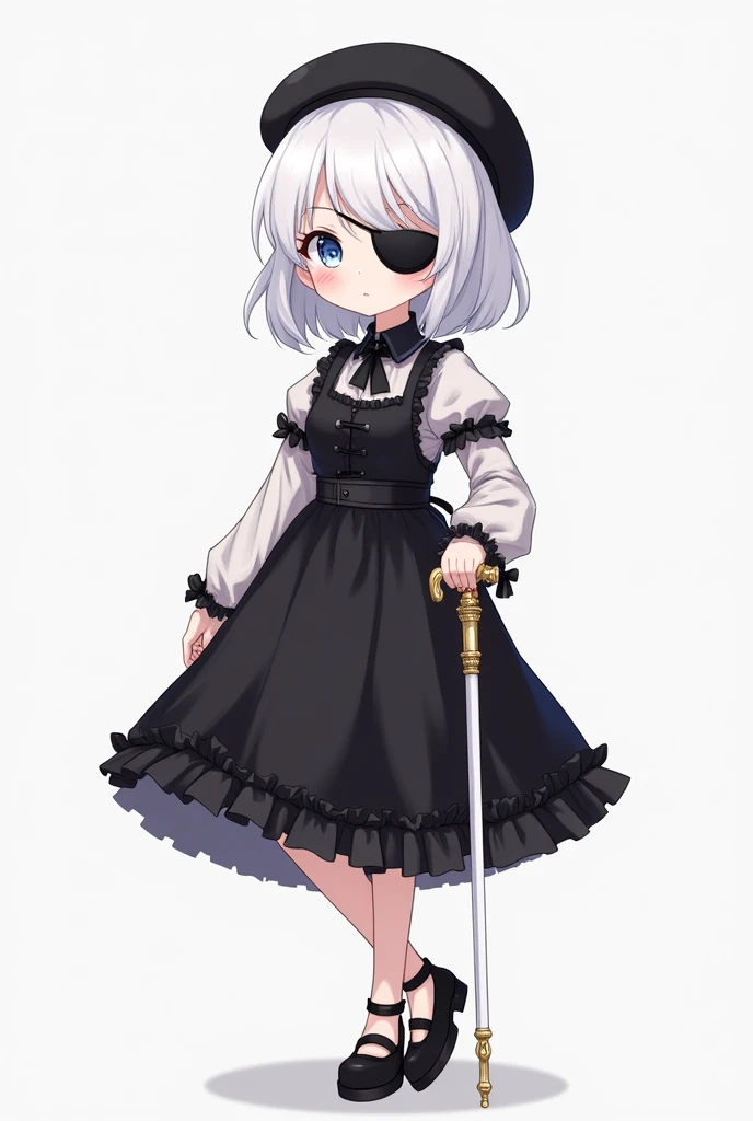 Anime, young adult, Female, petite, 48 height, soft smooth skin, small breasts, cushy thighs and butt, sharp light blue eyes, short white hair, black eyepatch, white cane with gold ornament, frilly, mid-thigh length black dress, black beret