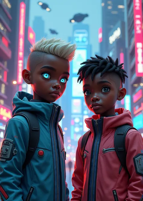 Two nigerian black boys standing side by side in a highly futuristic city where cars fly in the background. One of the boy has platinum blonde hair with very dark roots with eyes that light up like storm, his hair is styled in a sleek close crop of buzzcut...