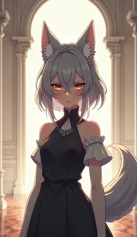 Anime teenage girl, wolf ears and tail, elegant hairstyle gray hair, black, amber eyes, angry expression, inside a mansion with white walls and wooden floors, lots of white lighting.