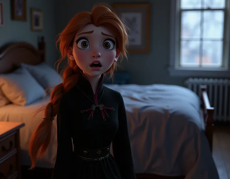 (masterpiece:1.4), (best qualit:1.4), (high resolution:1.4), , anna of arendelle, , surprised, long hair, , looking at viewer,, black tunic,, outdoors, , arafed view of a bedroom with a bed and a window, bed room, inside of a bedroom, furniture concept pho...