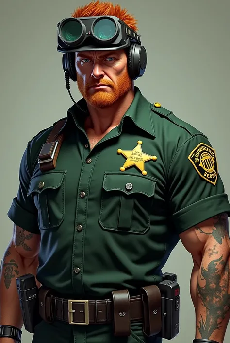 red-haired man of about forty, with blue eyes, in the dark green uniform of a sheriff&#39;s office officer, LSSD with stubble and tattoos visible on his arms, from under a uniform shirt, on the belt, a holster on the head, a helmet with a camera for video ...