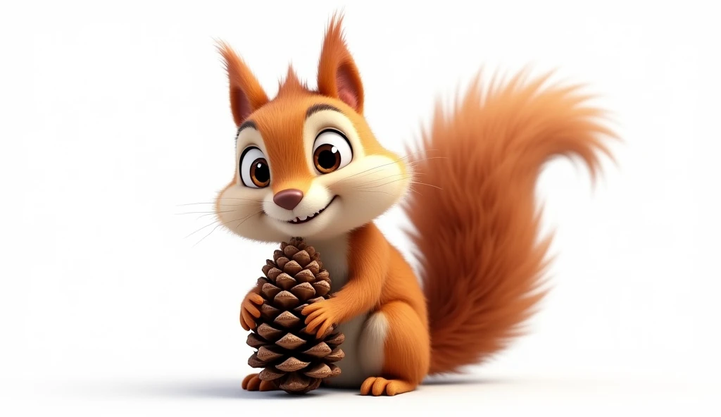 A realistic cartoon squirrel holding a pine cone，Background white solid color