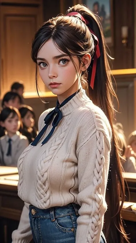 Ribbon, Hair Between Eyes, Hair Ribbon, Ponytail, Very Long Hair, Masterpiece, in a crowded room, sweater, jeans, busty, massive boobs