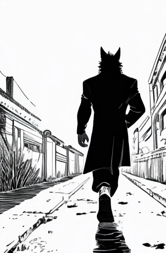 whole body、Line art、 Monochrome、A werewolf wearing a long-sleeved black shirt walks towards me.、comical