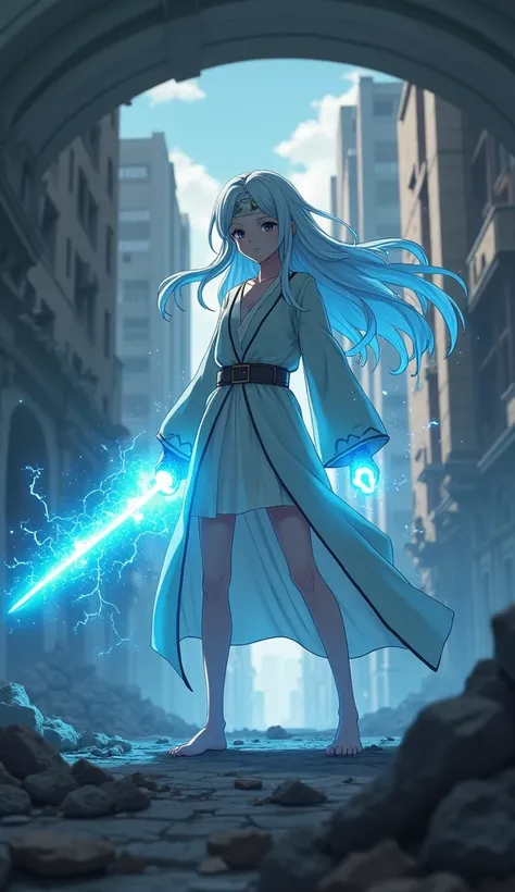 Create a girl with long white hair, with a light-colored tunic and a bandage on his forehead, His body is surrounded by cyan blue electrical energy ANIME VERSION in a destroyed city